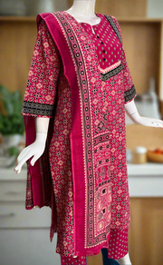 Black/Rani Pink Ikkat Jaipur Cotton Kurti With Pant And Dupatta Set. Pure Versatile Cotton. | Laces and Frills
