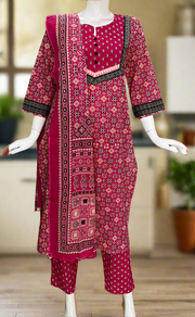 Black/Rani Pink Ikkat Jaipur Cotton Kurti With Pant And Dupatta Set. Pure Versatile Cotton. | Laces and Frills