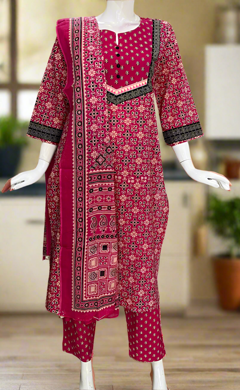 Black/Rani Pink Ikkat Jaipur Cotton Kurti With Pant And Dupatta Set. Pure Versatile Cotton. | Laces and Frills