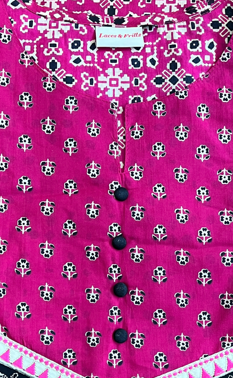 Black/Rani Pink Ikkat Jaipur Cotton Kurti With Pant And Dupatta Set. Pure Versatile Cotton. | Laces and Frills