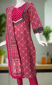 Black/Rani Pink Ikkat Jaipur Cotton Kurti With Pant And Dupatta Set. Pure Versatile Cotton. | Laces and Frills
