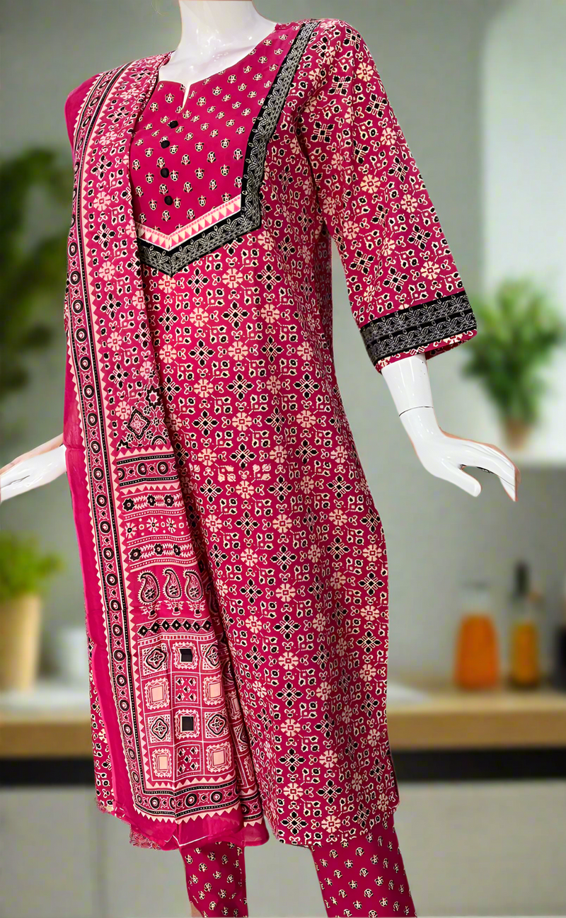 Black/Rani Pink Ikkat Jaipur Cotton Kurti With Pant And Dupatta Set. Pure Versatile Cotton. | Laces and Frills