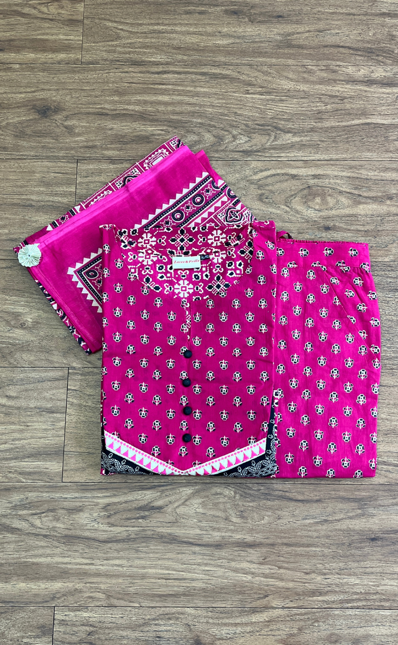 Black/Rani Pink Ikkat Jaipur Cotton Kurti With Pant And Dupatta Set. Pure Versatile Cotton. | Laces and Frills - Laces and Frills
