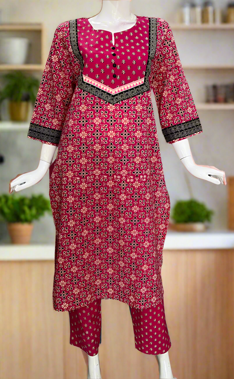 Black/Rani Pink Ikkat Jaipur Cotton Kurti With Pant And Dupatta Set. Pure Versatile Cotton. | Laces and Frills