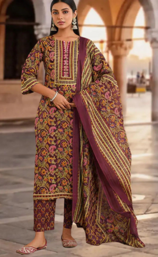 Dark Maroon Garden Jaipur Cotton Kurti With Pant And Dupatta Set. Pure Versatile Cotton. | Laces and Frills - Laces and Frills