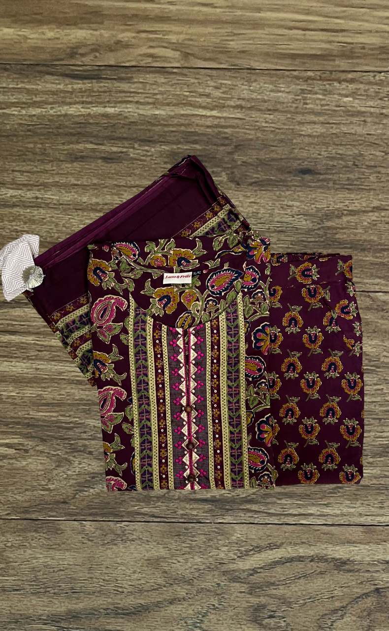 Dark Maroon Garden Jaipur Cotton Kurti With Pant And Dupatta Set. Pure Versatile Cotton. | Laces and Frills