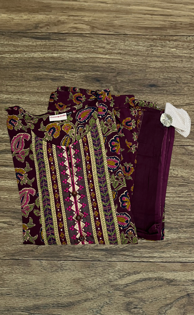 Dark Maroon Garden Jaipur Cotton Kurti With Pant And Dupatta Set. Pure Versatile Cotton. | Laces and Frills