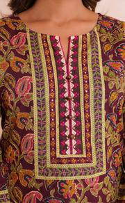 Dark Maroon Garden Jaipur Cotton Kurti With Pant And Dupatta Set. Pure Versatile Cotton. | Laces and Frills