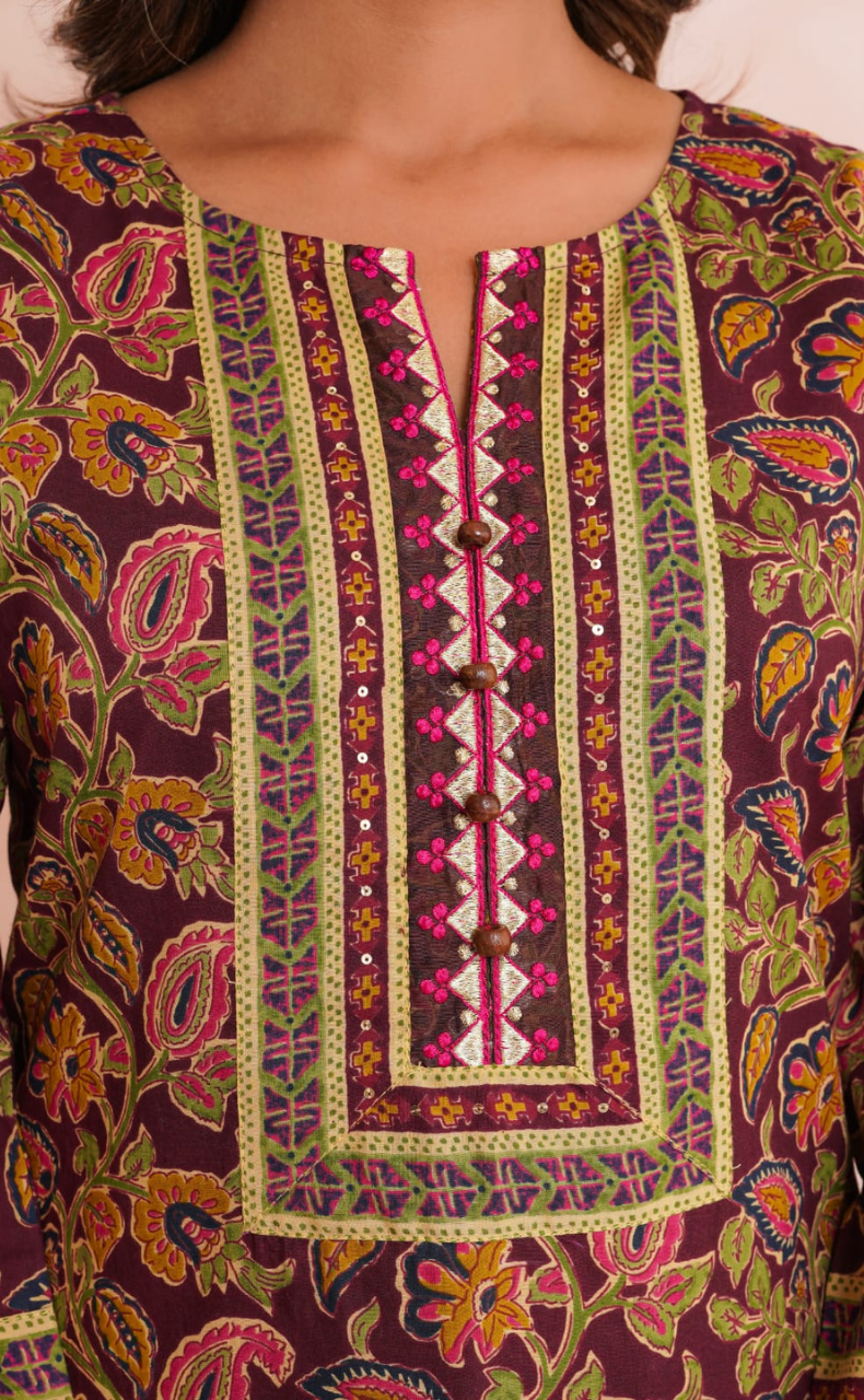 Dark Maroon Garden Jaipur Cotton Kurti With Pant And Dupatta Set. Pure Versatile Cotton. | Laces and Frills