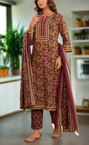 Dark Maroon Garden Jaipur Cotton Kurti With Pant And Dupatta Set. Pure Versatile Cotton. | Laces and Frills