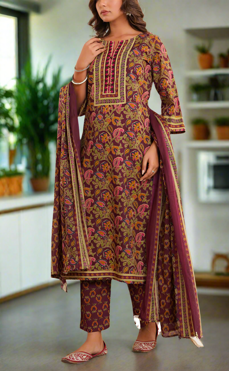 Dark Maroon Garden Jaipur Cotton Kurti With Pant And Dupatta Set. Pure Versatile Cotton. | Laces and Frills