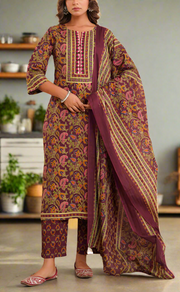 Dark Maroon Garden Jaipur Cotton Kurti With Pant And Dupatta Set. Pure Versatile Cotton. | Laces and Frills