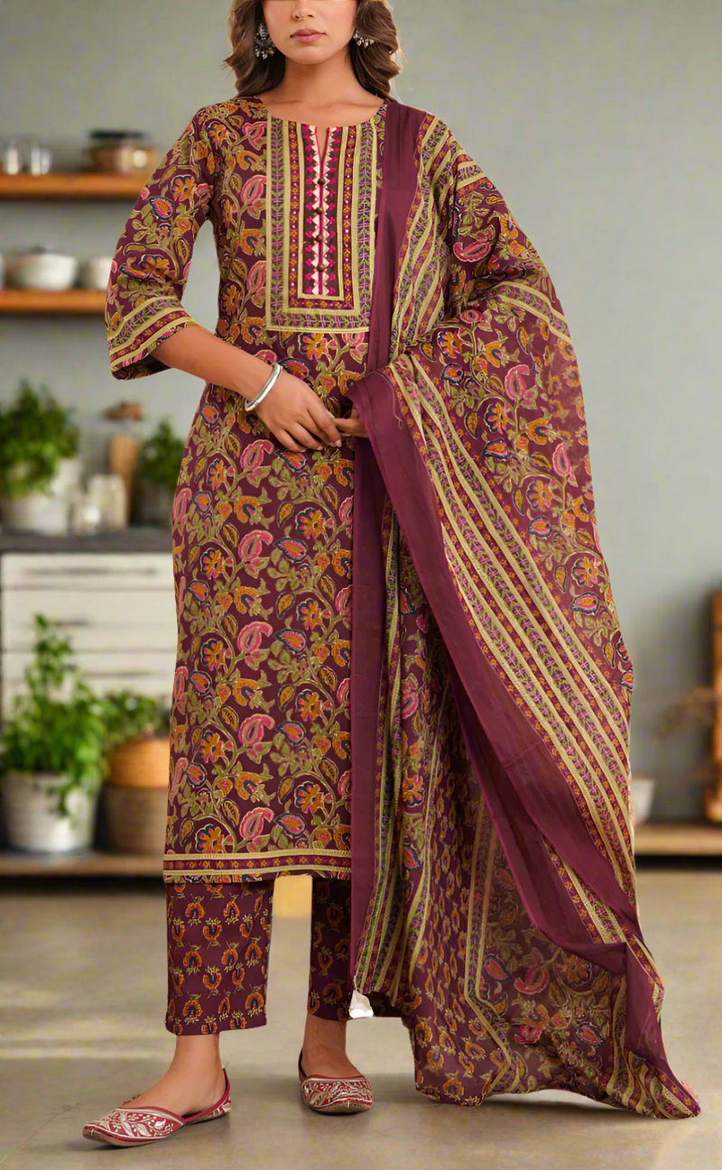 Dark Maroon Garden Jaipur Cotton Kurti With Pant And Dupatta Set. Pure Versatile Cotton. | Laces and Frills