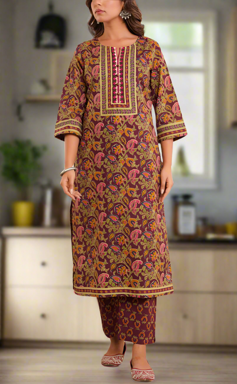Dark Maroon Garden Jaipur Cotton Kurti With Pant And Dupatta Set. Pure Versatile Cotton. | Laces and Frills