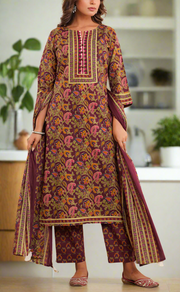 Dark Maroon Garden Jaipur Cotton Kurti With Pant And Dupatta Set. Pure Versatile Cotton. | Laces and Frills