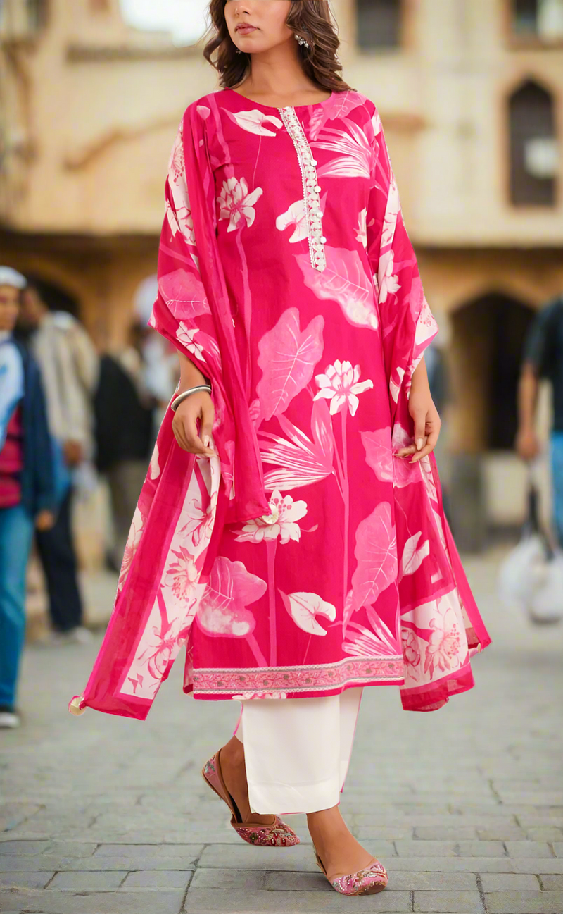 Rani Pink Floral Jaipur Cotton Kurti With Pant And Dupatta Set. Pure Versatile Cotton. | Laces and Frills