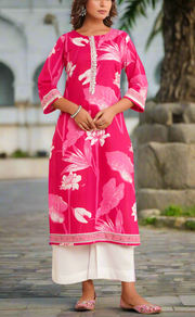 Rani Pink Floral Jaipur Cotton Kurti With Pant And Dupatta Set. Pure Versatile Cotton. | Laces and Frills