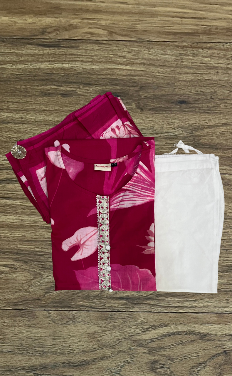 Rani Pink Floral Jaipur Cotton Kurti With Pant And Dupatta Set. Pure Versatile Cotton. | Laces and Frills
