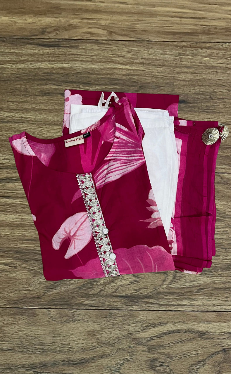 Rani Pink Floral Jaipur Cotton Kurti With Pant And Dupatta Set. Pure Versatile Cotton. | Laces and Frills