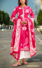 Rani Pink Floral Jaipur Cotton Kurti With Pant And Dupatta Set. Pure Versatile Cotton. | Laces and Frills