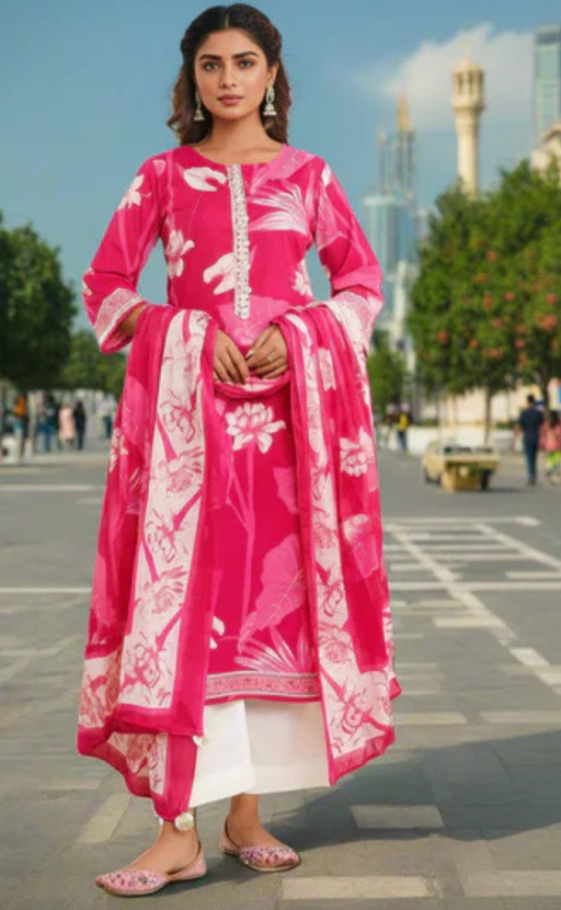 Rani Pink Floral Jaipur Cotton Kurti With Pant And Dupatta Set. Pure Versatile Cotton. | Laces and Frills - Laces and Frills