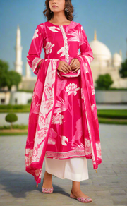 Rani Pink Floral Jaipur Cotton Kurti With Pant And Dupatta Set. Pure Versatile Cotton. | Laces and Frills