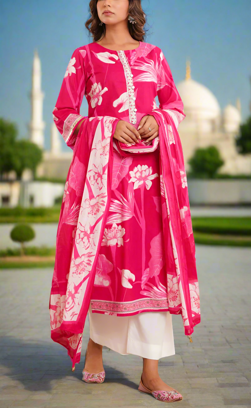 Rani Pink Floral Jaipur Cotton Kurti With Pant And Dupatta Set. Pure Versatile Cotton. | Laces and Frills