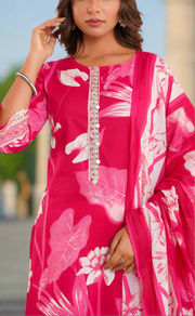 Rani Pink Floral Jaipur Cotton Kurti With Pant And Dupatta Set. Pure Versatile Cotton. | Laces and Frills