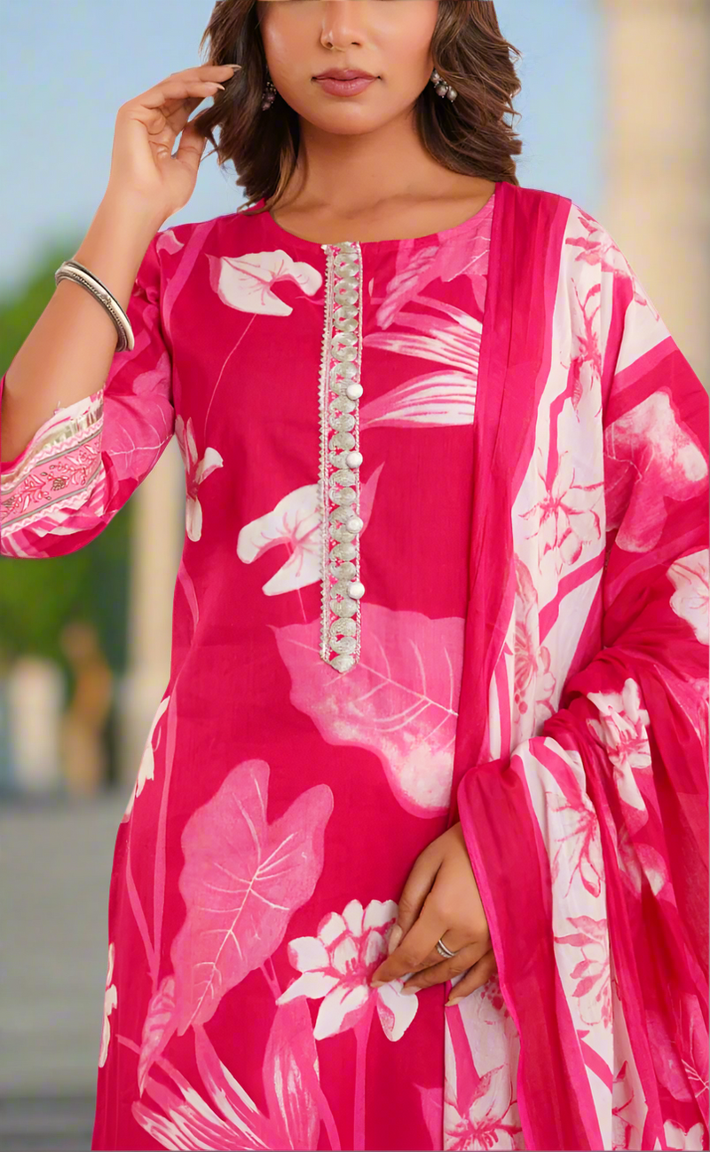 Rani Pink Floral Jaipur Cotton Kurti With Pant And Dupatta Set. Pure Versatile Cotton. | Laces and Frills
