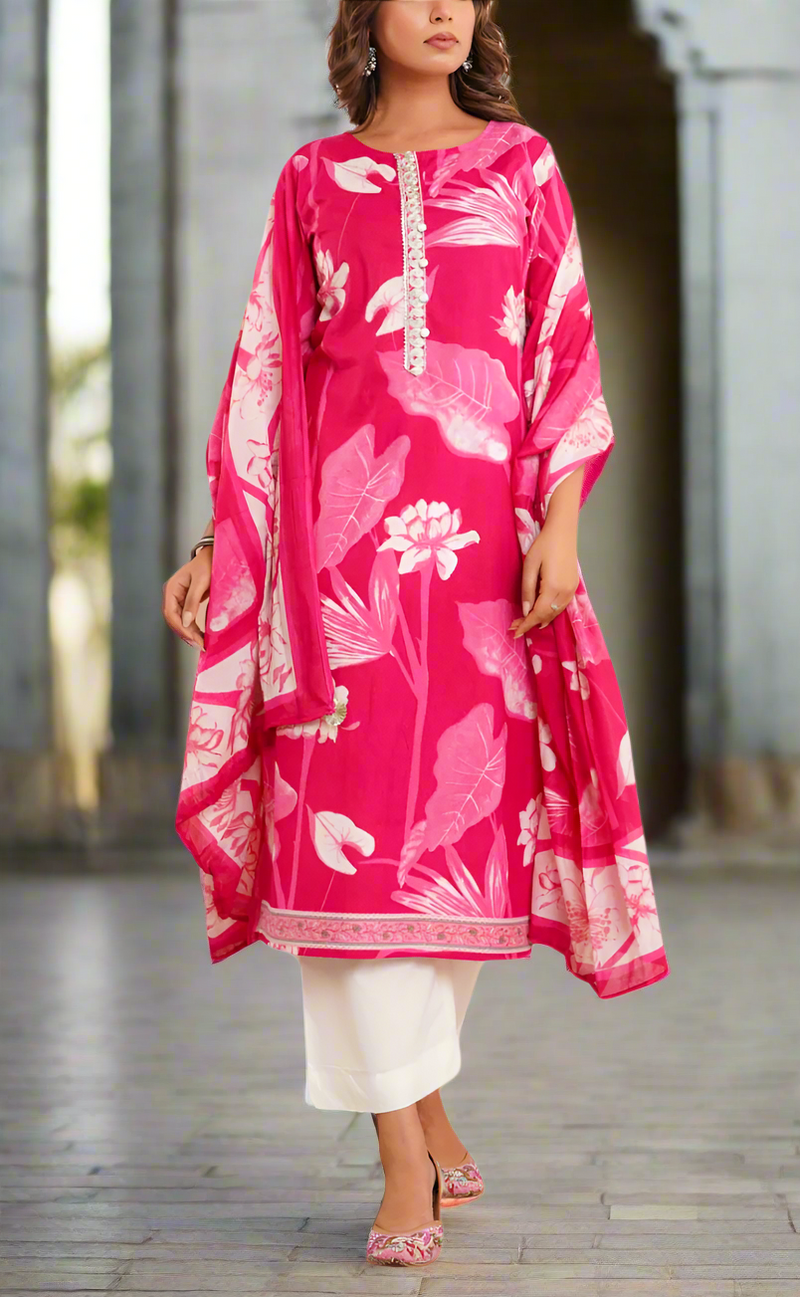 Rani Pink Floral Jaipur Cotton Kurti With Pant And Dupatta Set. Pure Versatile Cotton. | Laces and Frills