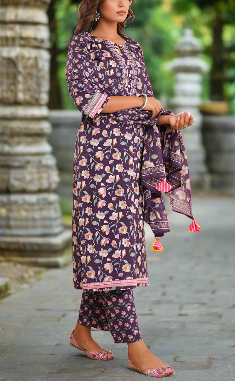 Purple Garden Jaipur Cotton Kurti With Pant And Dupatta Set. Pure Versatile Cotton. | Laces and Frills