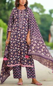 Purple Garden Jaipur Cotton Kurti With Pant And Dupatta Set. Pure Versatile Cotton. | Laces and Frills