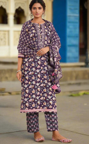 Purple Garden Jaipur Cotton Kurti With Pant And Dupatta Set. Pure Versatile Cotton. | Laces and Frills - Laces and Frills
