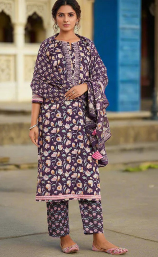 Purple Garden Jaipur Cotton Kurti With Pant And Dupatta Set. Pure Versatile Cotton. | Laces and Frills - Laces and Frills