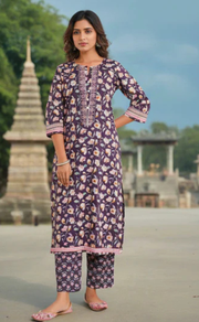 Purple Garden Jaipur Cotton Kurti With Pant And Dupatta Set. Pure Versatile Cotton. | Laces and Frills - Laces and Frills