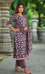 Purple Garden Jaipur Cotton Kurti With Pant And Dupatta Set. Pure Versatile Cotton. | Laces and Frills - Laces and Frills