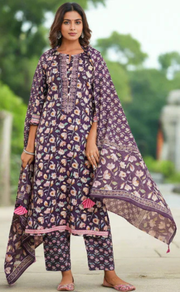 Purple Garden Jaipur Cotton Kurti With Pant And Dupatta Set. Pure Versatile Cotton. | Laces and Frills - Laces and Frills