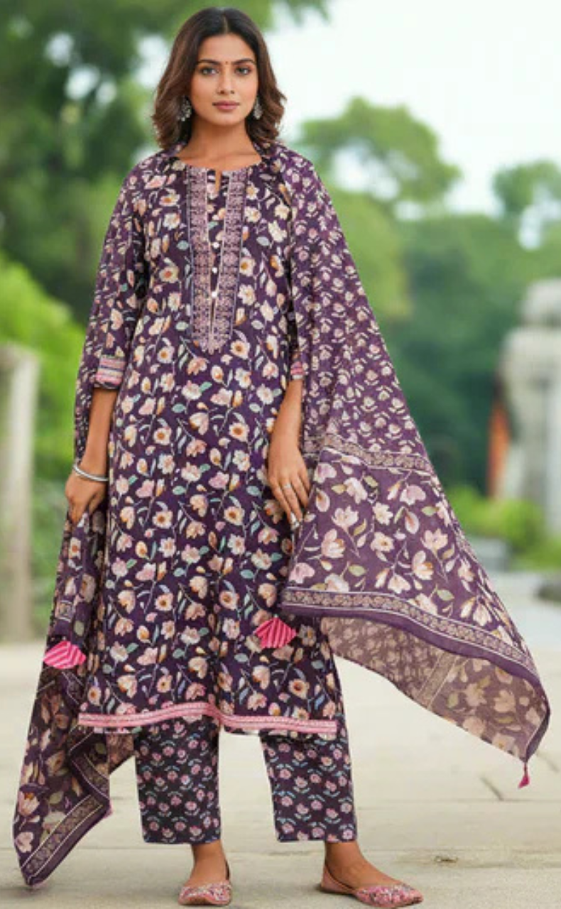 Purple Garden Jaipur Cotton Kurti With Pant And Dupatta Set. Pure Versatile Cotton. | Laces and Frills - Laces and Frills