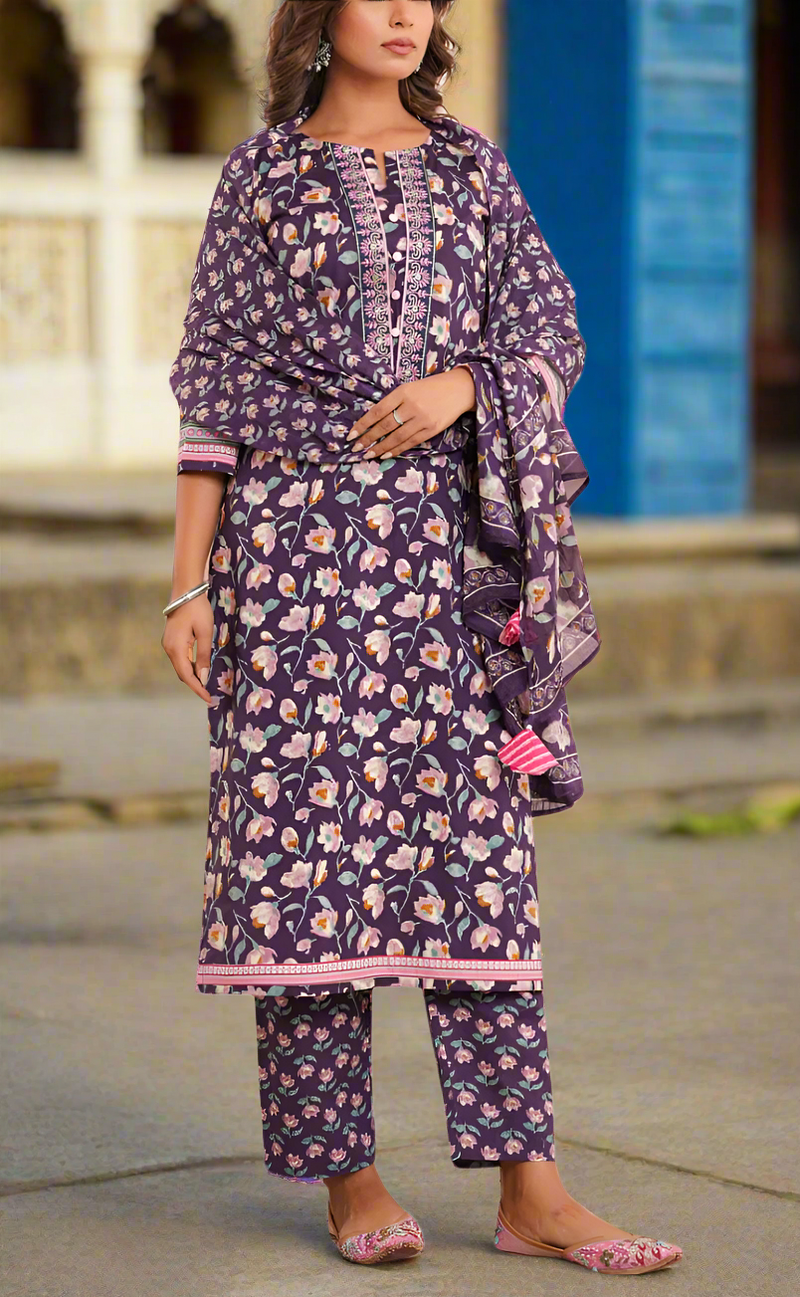 Purple Garden Jaipur Cotton Kurti With Pant And Dupatta Set. Pure Versatile Cotton. | Laces and Frills