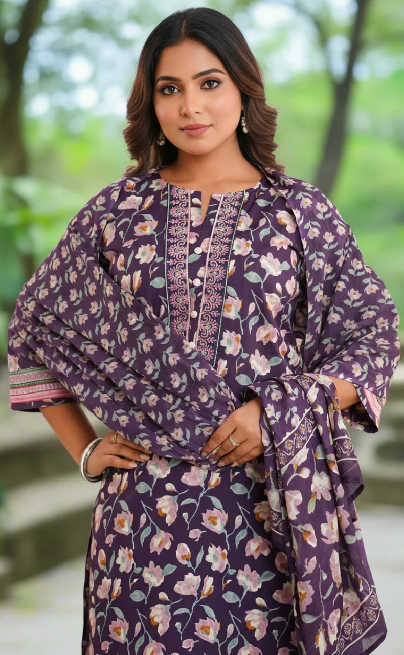 Purple Garden Jaipur Cotton Kurti With Pant And Dupatta Set. Pure Versatile Cotton. | Laces and Frills - Laces and Frills