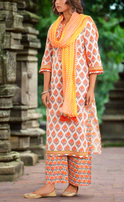 White/Orange Floral Jaipur Cotton Kurti With Pant And Dupatta Set. Pure Versatile Cotton. | Laces and Frills
