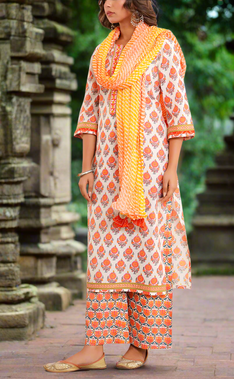 White/Orange Floral Jaipur Cotton Kurti With Pant And Dupatta Set. Pure Versatile Cotton. | Laces and Frills