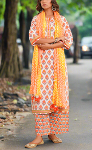 White/Orange Floral Jaipur Cotton Kurti With Pant And Dupatta Set. Pure Versatile Cotton. | Laces and Frills