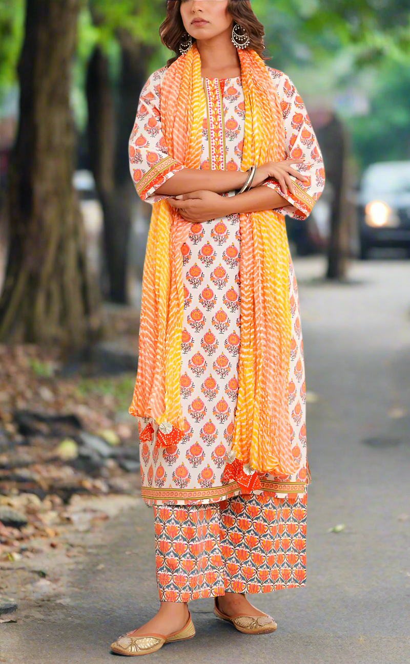White/Orange Floral Jaipur Cotton Kurti With Pant And Dupatta Set. Pure Versatile Cotton. | Laces and Frills