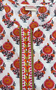 White/Orange Floral Jaipur Cotton Kurti With Pant And Dupatta Set. Pure Versatile Cotton. | Laces and Frills