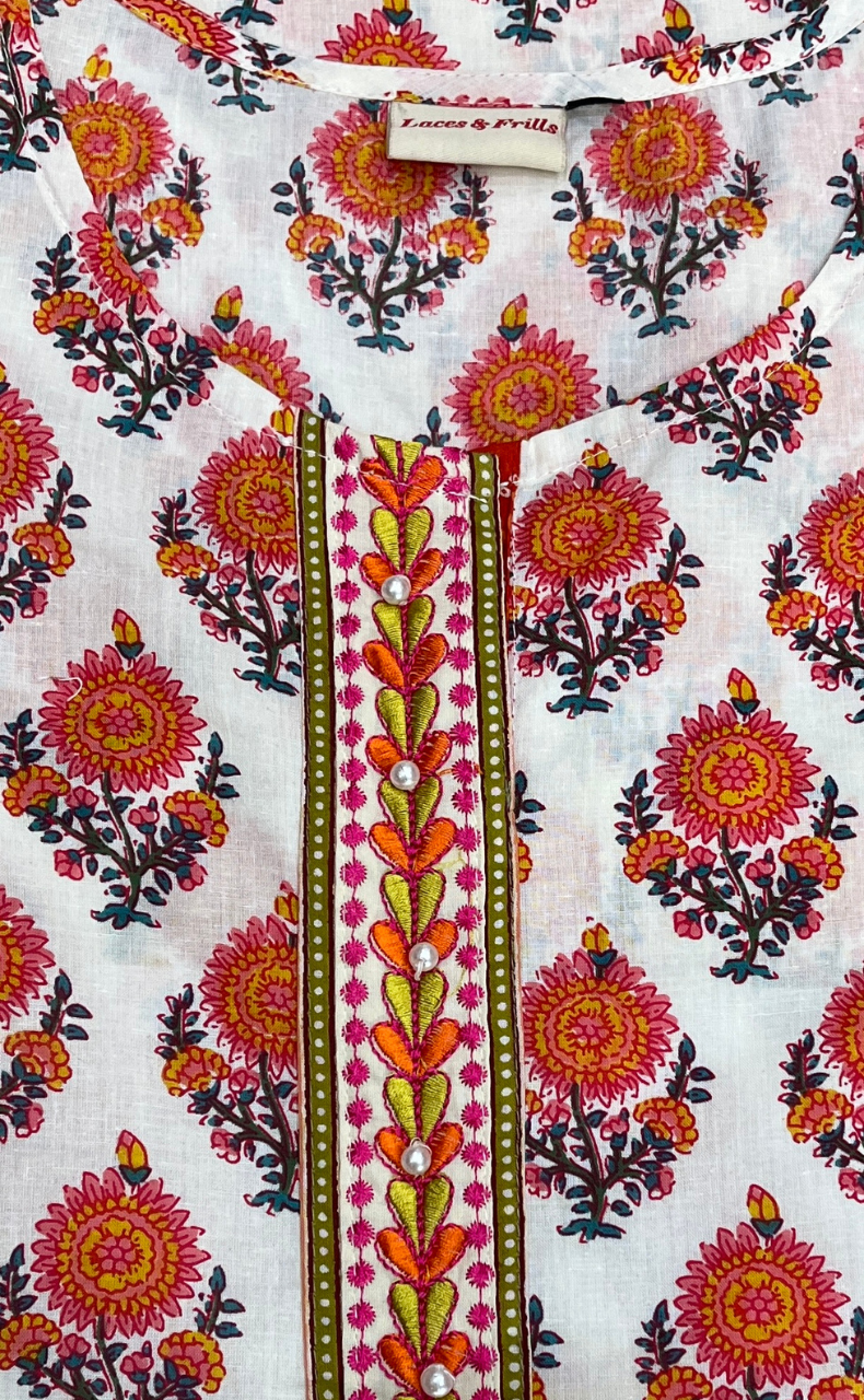 White/Orange Floral Jaipur Cotton Kurti With Pant And Dupatta Set. Pure Versatile Cotton. | Laces and Frills