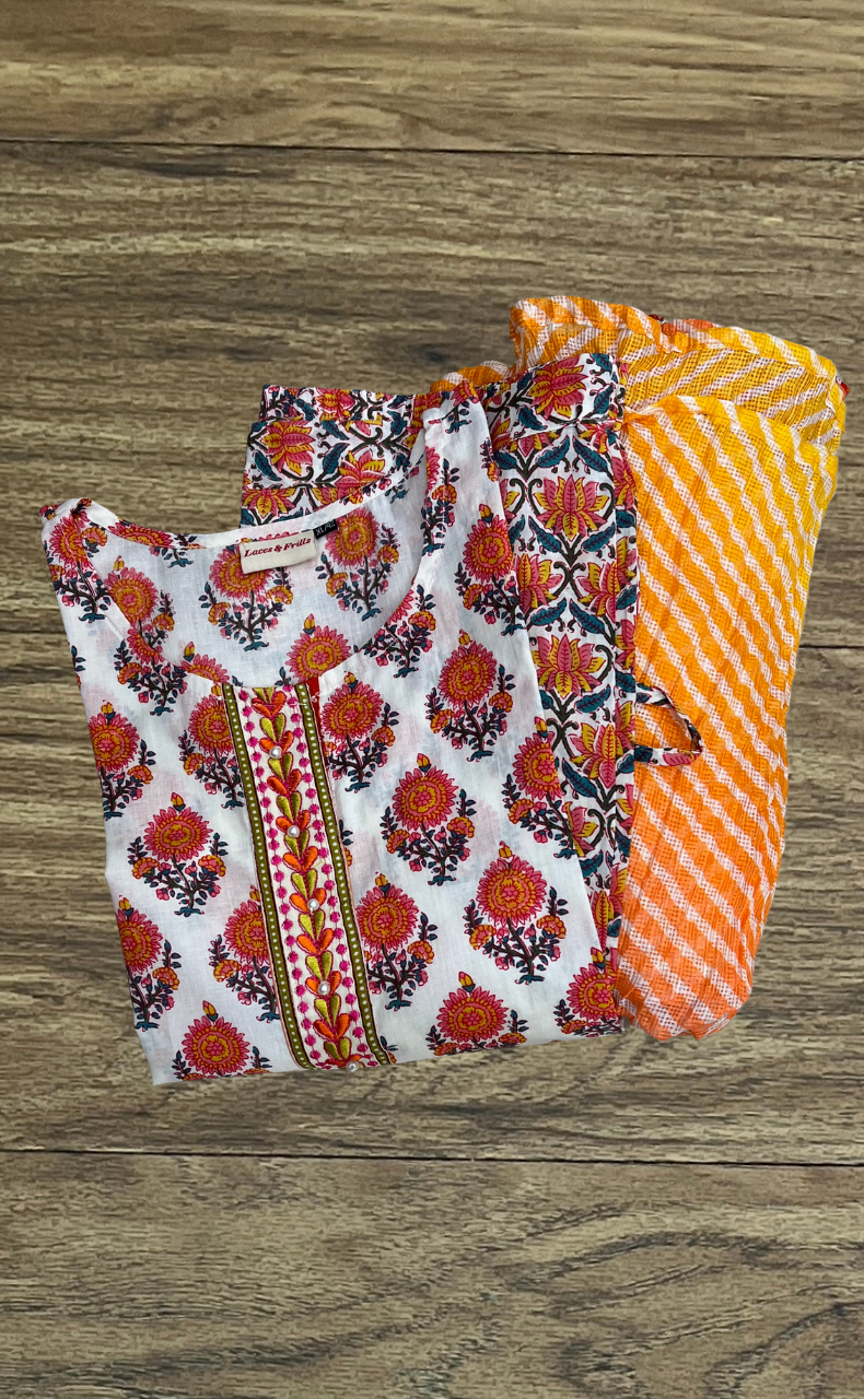 White/Orange Floral Jaipur Cotton Kurti With Pant And Dupatta Set. Pure Versatile Cotton. | Laces and Frills