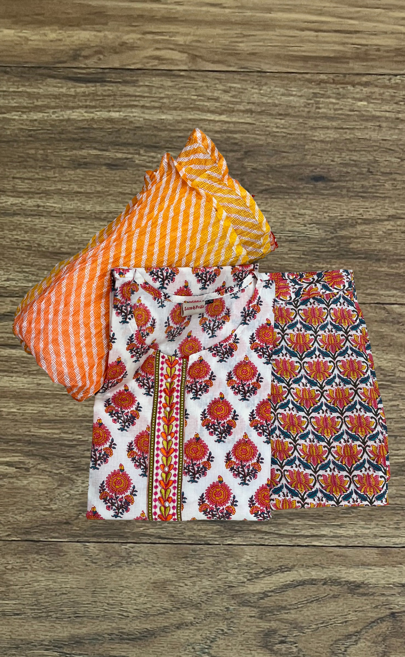 White/Orange Floral Jaipur Cotton Kurti With Pant And Dupatta Set. Pure Versatile Cotton. | Laces and Frills