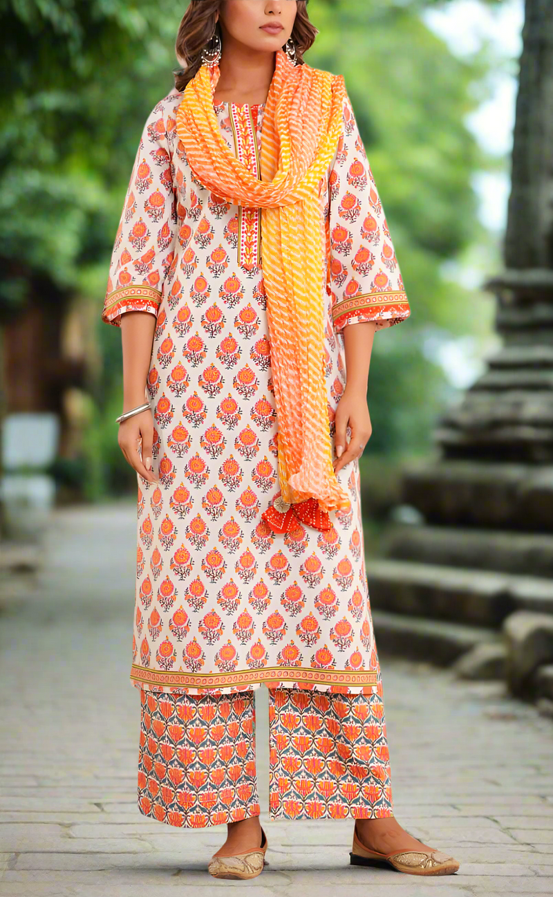 White/Orange Floral Jaipur Cotton Kurti With Pant And Dupatta Set. Pure Versatile Cotton. | Laces and Frills