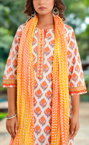 White/Orange Floral Jaipur Cotton Kurti With Pant And Dupatta Set. Pure Versatile Cotton. | Laces and Frills
